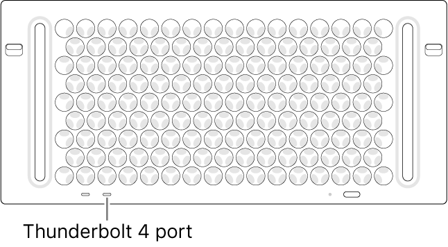 Mac Pro ülaosa, kus on näidatud õiget Thunderbolt 4 porti, mida peaksite kasutama.