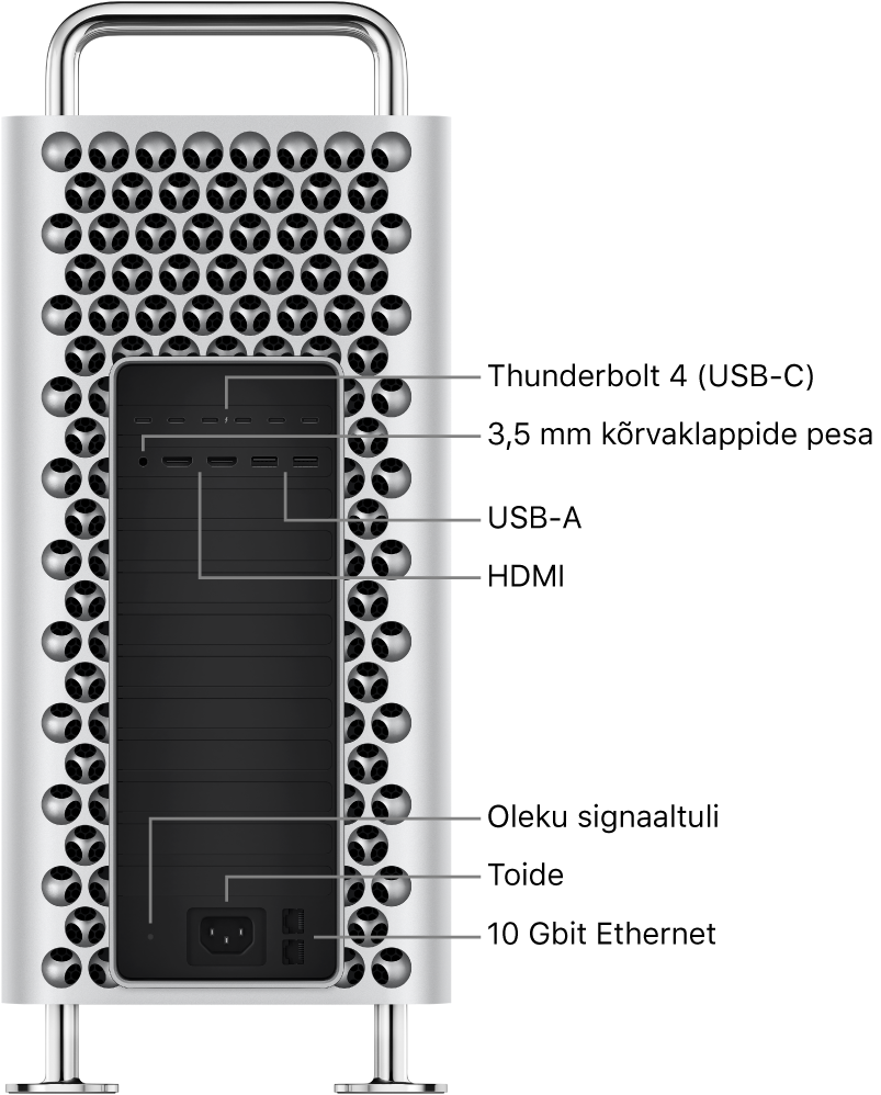 Mac Pro küljevaade, kus on kuus Thunderbolt 4 (USB-C) porti, 3,5 mm kõrvaklappide pesa, kaks USB-A porti, kaks HDMI-porti, oleku indikaatortuli, toitepesa ning kaks 10 Gbit Etherneti porti.