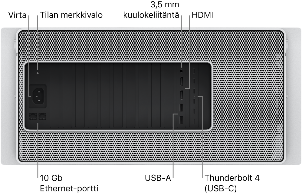 Mac Pron takaosa, jossa näkyy virtaliitäntä, tilan merkkivalo, 3,5 mm kuulokeliitäntä, kaksi HDMI-porttia, kuusi Thunderbolt 4 (USB-C) ‑porttia, kaksi USB-A-porttia ja kaksi 10 Gigabit Ethernet ‑porttia.