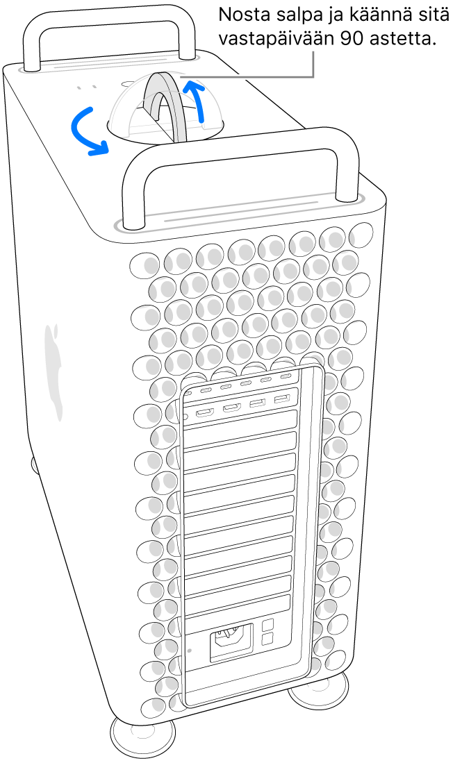 Tietokoneen kotelon poistamisen ensimmäinen vaihe, jossa salpa nostetaan ja sitä käännetään 90 astetta.