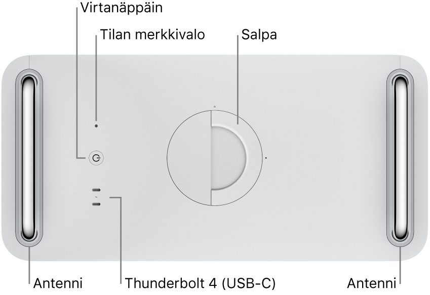Mac Pron yläpuoli, jossa näkyvät virtapainike, tilan merkkivalo, salpa, kaksi Thunderbolt 4 (USB-C) ‑porttia ja kaksi antennia, toinen vasemmalla ja toinen oikealla.