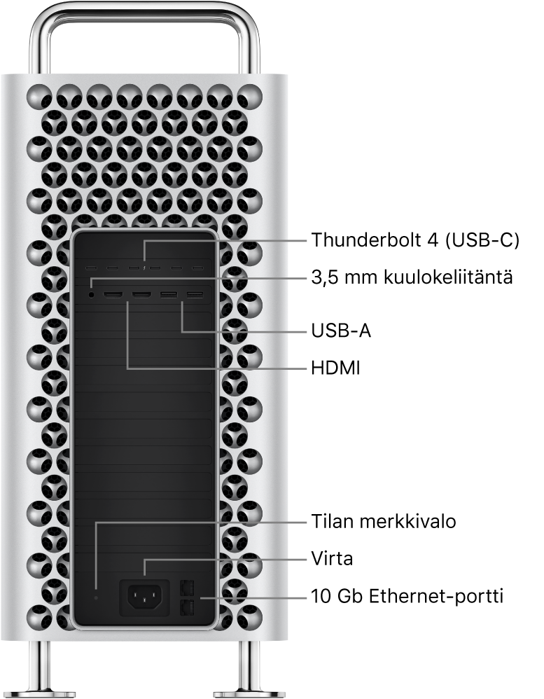 Mac Pron sivunäkymä, jossa näkyvät kuusi Thunderbolt 4 (USB-C) ‑porttia, 3,5 mm kuulokeliitäntä, kaksi USB-A-porttia, kaksi HDMI-porttia, tilan merkkivalo, virtaliitäntä ja kaksi 10 Gbit Ethernet ‑porttia.