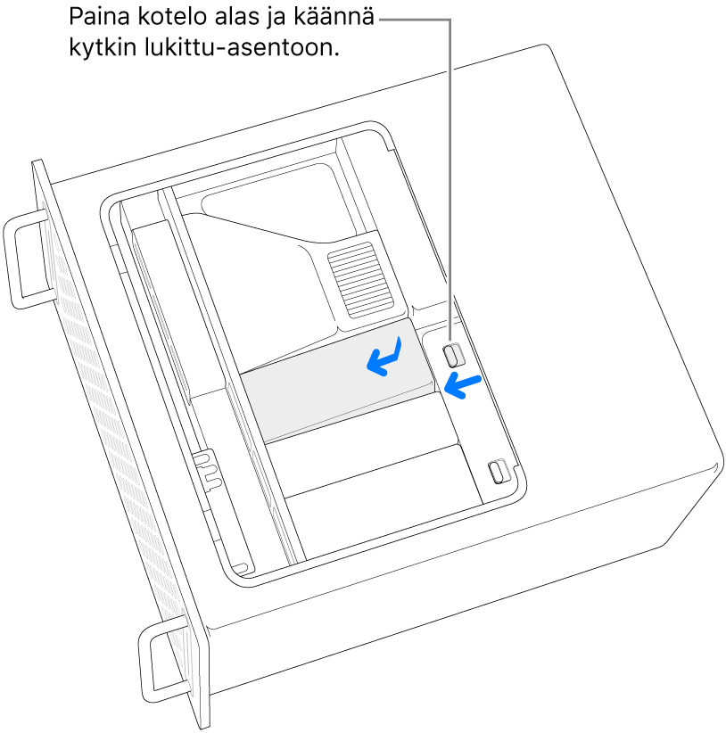SSD-moduulien suojat asennetaan takaisin siirtämällä lukituskytkintä vasemmalle ja painamalla SSD:n suojaa alas.