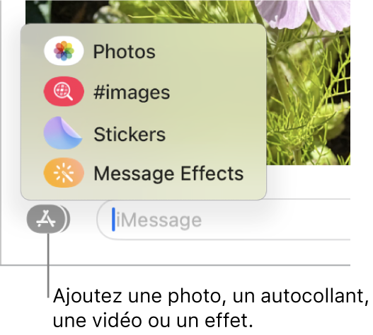 Menu Apps avec des options pour afficher des photos, des autocollants, des GIF et des effets des messages.