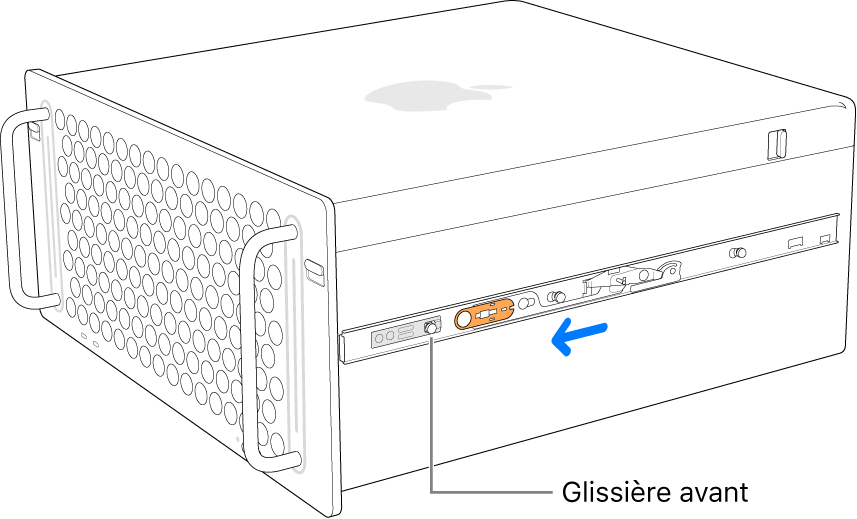 Le Mac Pro avec un rail glissant vers l’avant et se verrouillant en position.