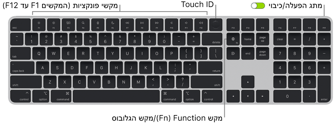 ה-Magic Keyboard עם ה-Touch ID ו״משטח ספרות״ מציגים את שורת מקשי הפונקציה וה-Touch ID לאורך החלק העליון, ואת מקש הפונקציה (Fn)/גלובוס מימין למקש Delete.
