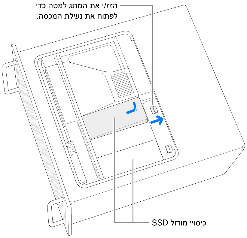 הזזת התפס ימינה לשחרור הנעילה של מכסה ה-SSD.