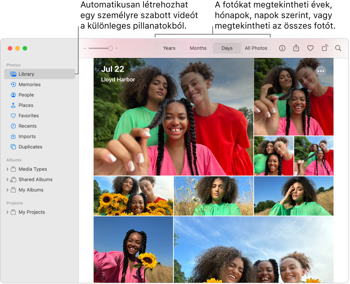 A Fotók ablaka a bal oldalsávon a kiválasztott Emlékek funkcióval, és a Fotók ablak tetején található előugró menüvel, ahol nap, hónap vagy év szerint böngészheti a fotóit.