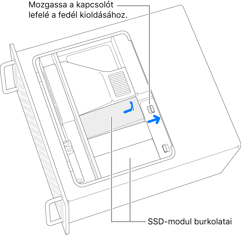 A kapcsoló jobbra elmozdítva az SSD-foglalatok burkolatának kioldásához.