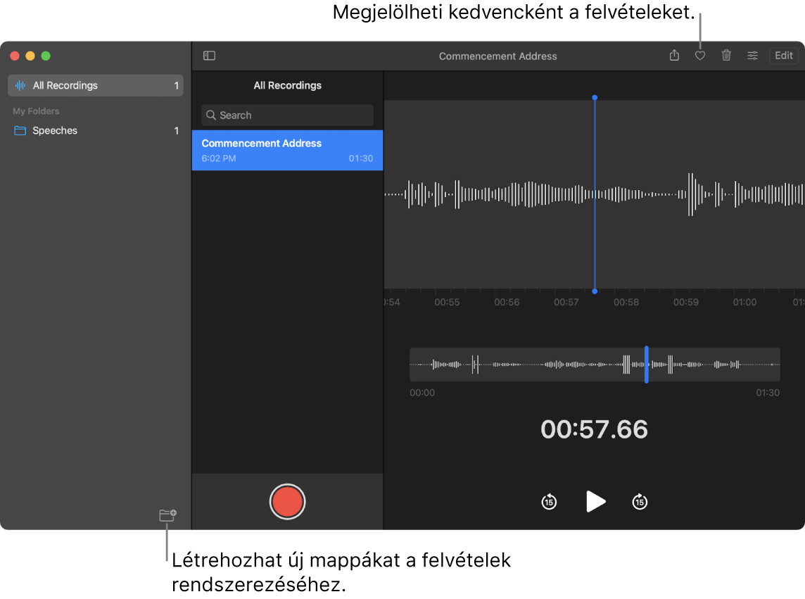 A Hangjegyzetek ablak, amelyben az látható, hogyan lehet létrehozni új mappákat vagy hogyan lehet felvételeket kedvencként megjelölni.