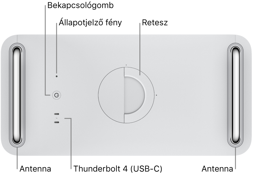 A Mac Pro felülnézetből a főkapcsolóval, az állapotjelző fénnyel, a retesszel, két Thunderbolt 4- (USB-C) porttal és két antennával (egy a bal és egy a jobb oldalon).