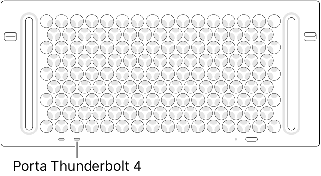 La parte superiore di Mac Pro, con in evidenza la porta Thunderbolt 4 corretta da utilizzare.