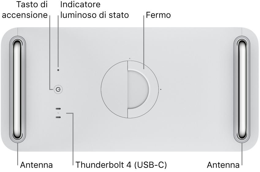 La parte superiore di Mac Pro che mostra il tasto di accensione, l'indicatore luminoso di stato, il fermo, due porte Thunderbolt 4 (USB-C) e due antenne, una sulla sinistra e una sulla destra.