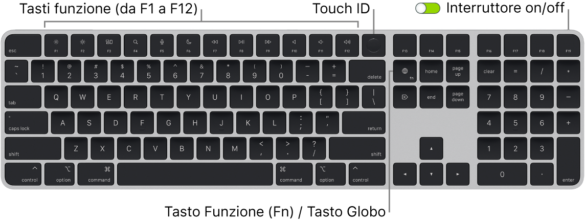 La tastiera Magic Keyboard con Touch ID e tastierino numerico che mostra i tasti funzione e Touch ID in alto e il tasto Funzione (Fn)/Globo a destra del tasto Canc.