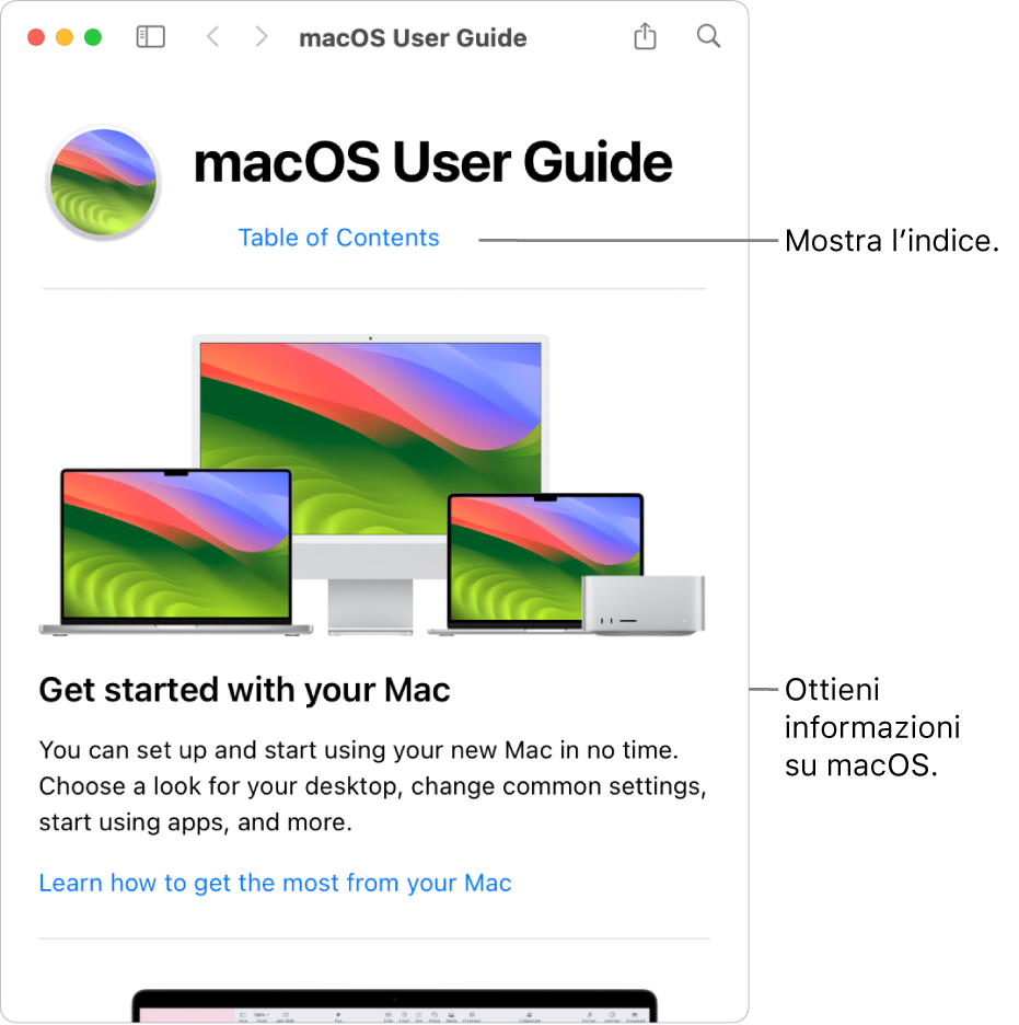 Pagina di benvenuto del Manuale utente di macOS che mostra il link dell’indice.