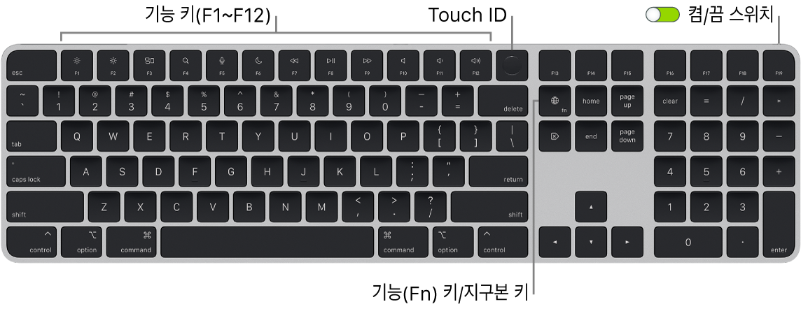 상단에 있는 기능 키와 Touch ID 및 Delete 키 오른쪽에 있는 Fn(Function)/지구본 키를 보여주는 Touch ID 및 숫자 키패드 지원 Magic Keyboard.