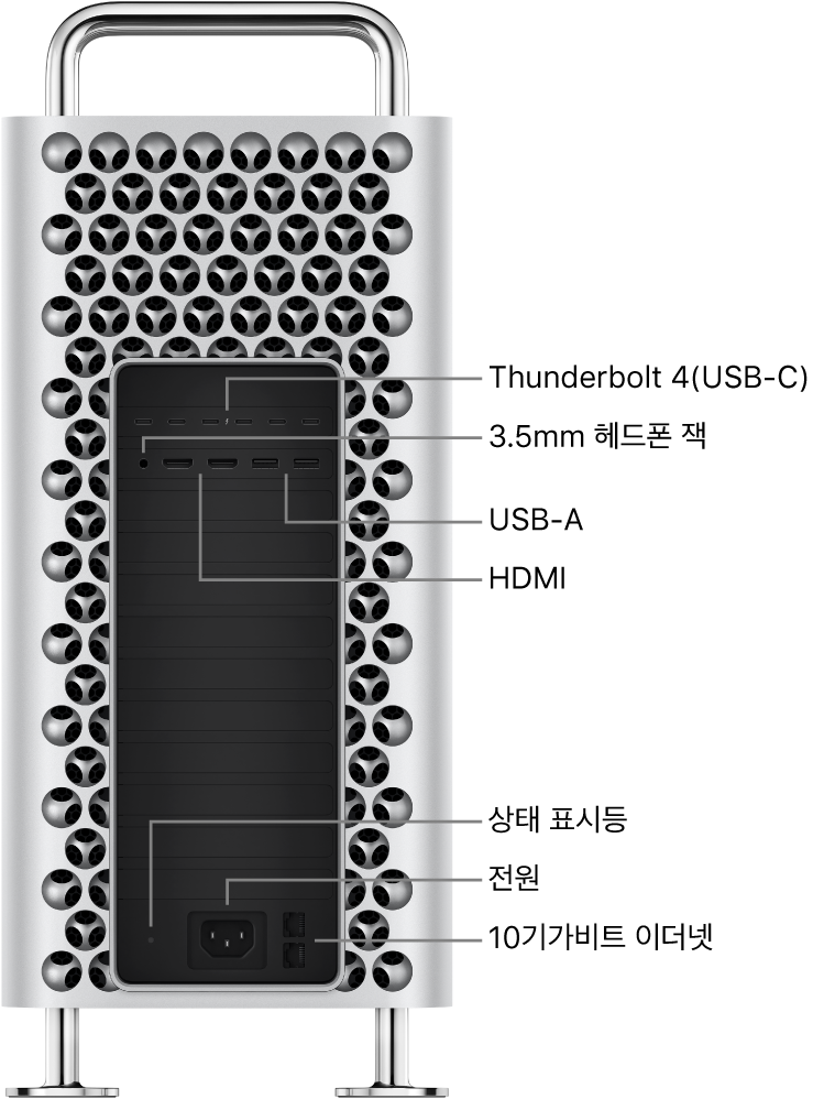 Thunderbolt 4(USB-C) 포트 6개, 3.5mm 헤드폰 잭, USB-A 포트 2개, HDMI 포트 2개, 상태 표시등, 전원 포트 및 10Gbit 이더넷 포트 2개가 있는 Mac Pro를 옆에서 본 모습.