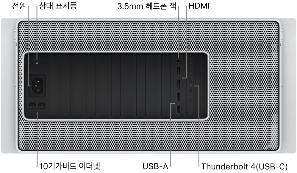전원 포트, 상태 표시등, 3.5mm 헤드폰 잭, HDMI 포트 두 개, Thunderbolt 4(USB-C) 포트 여섯 개, USB-A 포트 두 개 및 10Gbit 이더넷 포트 두 개가 보이는 Mac Pro의 뒷면.