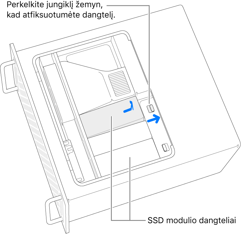 Perjungiklis pastumiamas į dešinę, kad atsirakintų SSD dangtis.