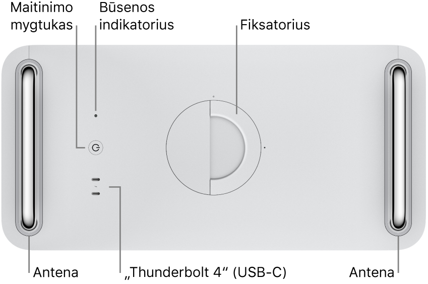 „Mac Pro“ viršuje rodomas maitinimo mygtukas, būsenos indikatoriaus lemputė, fiksatorius, du „Thunderbolt 4“ (USB-C) prievadai ir dvi antenos, viena kairėje ir viena dešinėje.
