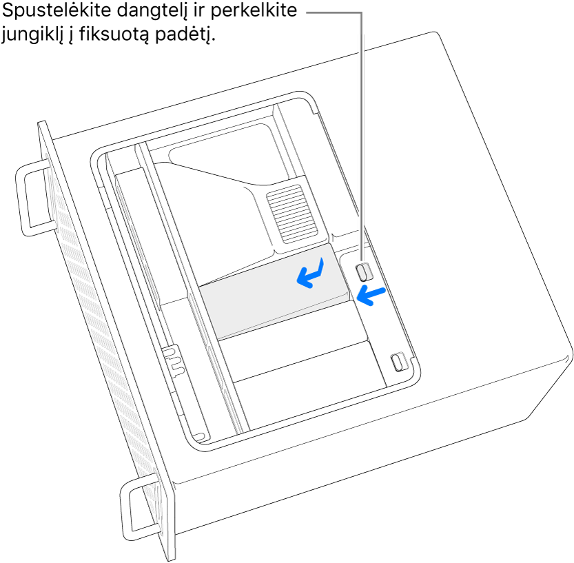 SSD dangčių uždėjimas iš naujo, perkeliant užrakto perjungiklį į kairę ir paspaudžiant SSD dangtelį žemyn.