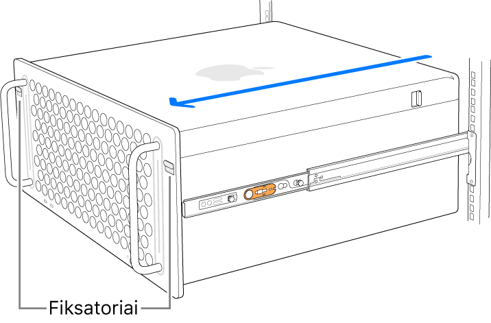 „Mac Pro“, stovintis ant skersinių, pritvirtintų prie rėmo.