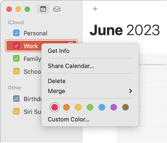 Lietotnes Calendar saīšņu izvēlne ar kalendāra krāsu pielāgošanas opcijām.