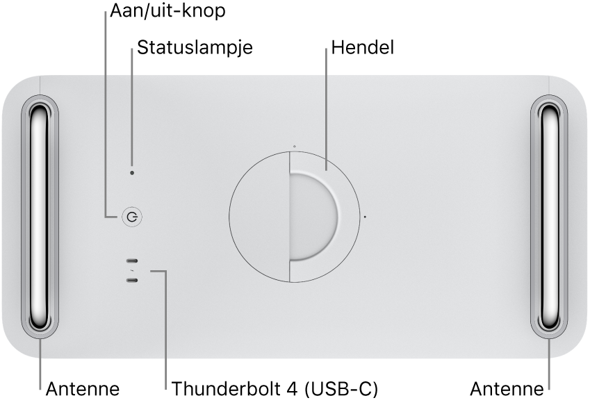 Bovenaanzicht van de Mac Pro met de aan/uit-knop, statuslampje, hendel, twee Thunderbolt 4-poorten (USB‑C) en twee antennes (één aan de linkerkant en één aan de rechterkant).