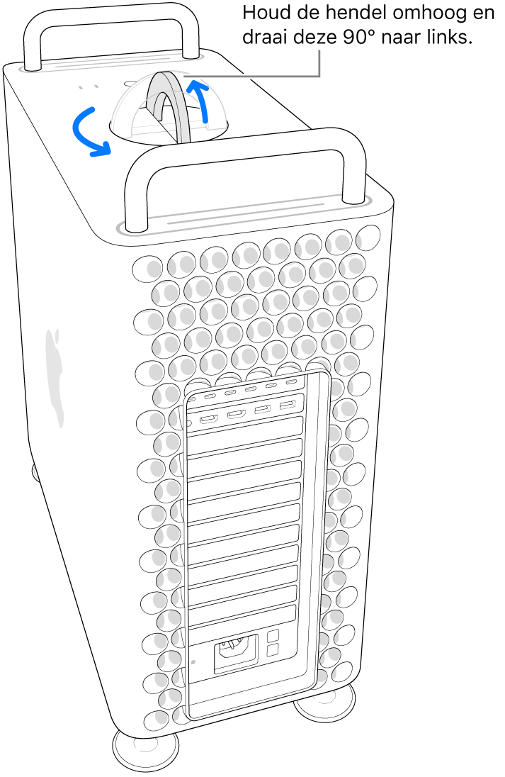 Illustratie van de eerste stap voor het verwijderen van de computerbehuizing door de hendel op te tillen en 90 graden te draaien.