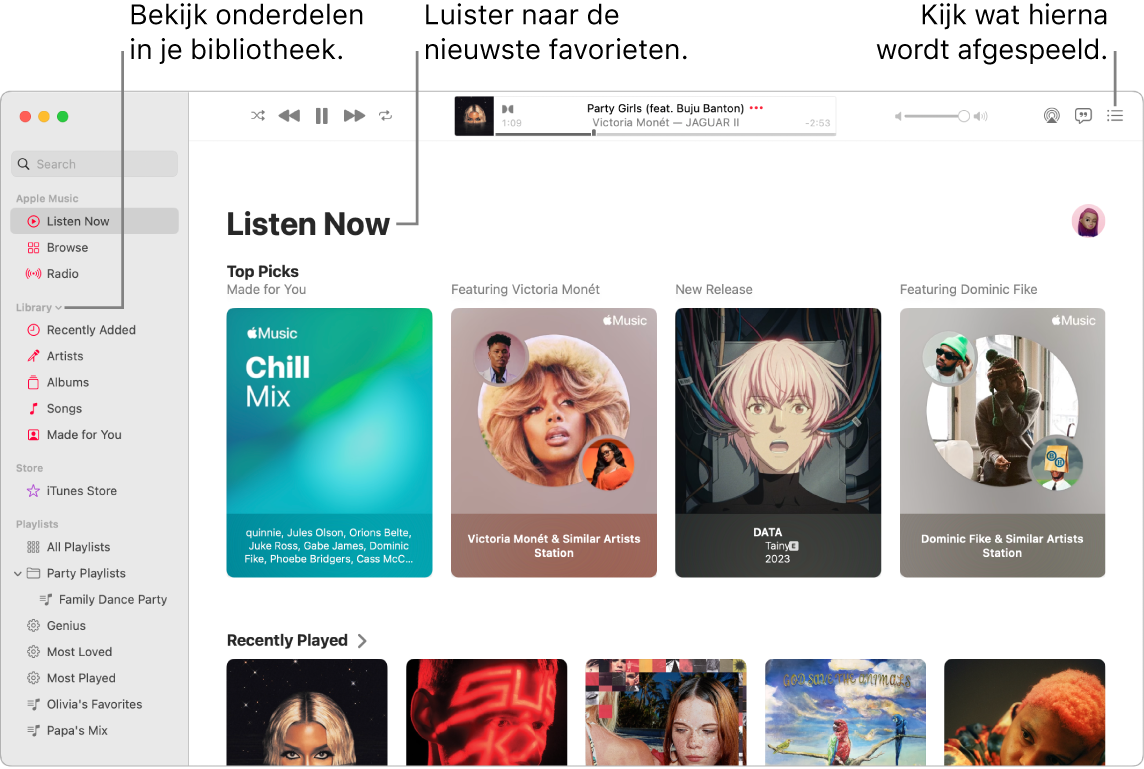 Een venster van de Muziek-app waarin wordt aangegeven hoe je je bibliotheek bekijkt, naar Apple Music luistert en ziet wat er als volgende wordt afgespeeld.