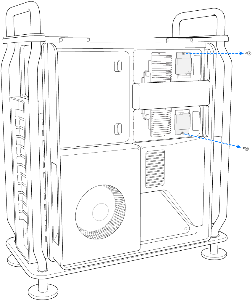 Twee schroeven worden van de SSD-modules verwijderd.