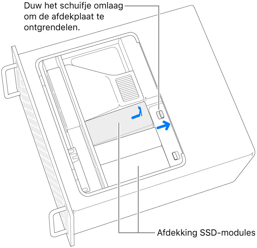 Het naar rechts schuiven van het schuifje om de SSD-afdekking te ontgrendelen.