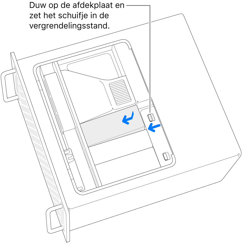 Terugplaatsing van de SSD-afdekkingen door de vergrendelingsschuif naar links te zetten en de SSD-afdekking naar beneden te drukken.