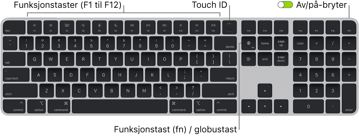 Magic Keyboard med Touch ID og talltastatur som viser raden med funksjonstaster og Touch ID øverst og funksjonstasten (Fn) / globustasten til høyre for slettetasten.