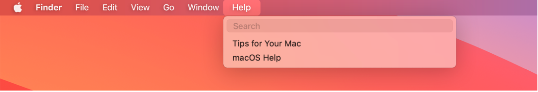 En del av et skrivebord med Hjelp-menyen åpen som viser menyvalgene for Søk og Hjelp for macOS.