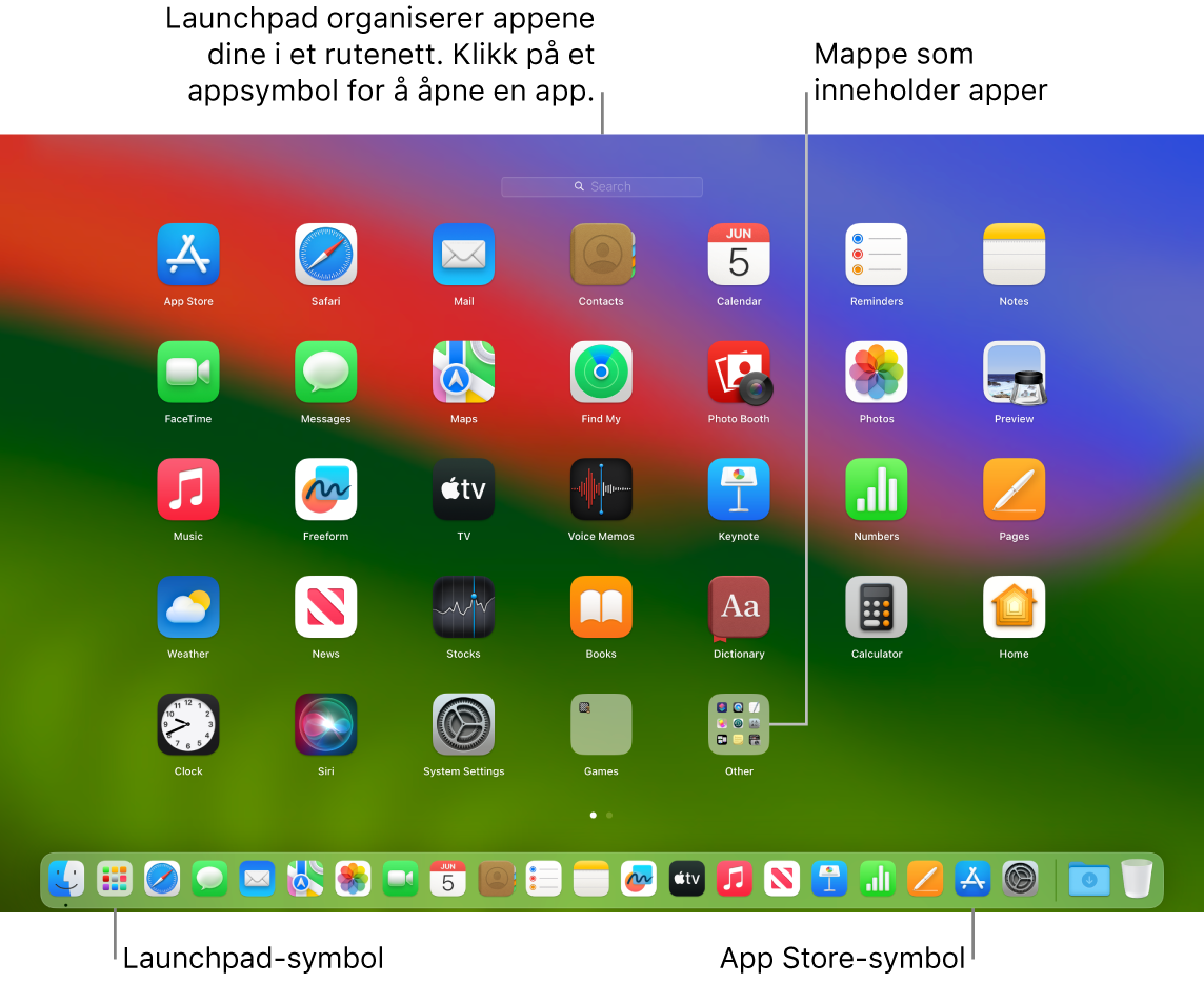En Mac-skjerm med Launchpad åpent, som viser en mappe med apper i Launchpad og Launchpad- og App Store-symbolene i Dock.