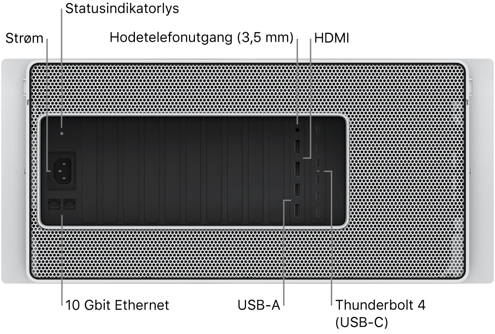 Baksiden av Mac Pro, som viser strømporten, et statuslys, 3,5 mm hodetelefonutgang, to HDMI-porter, seks Thunderbolt 4-porter (USB-C), to USB-A-porter og to 10 Gigabit Ethernet-porter.