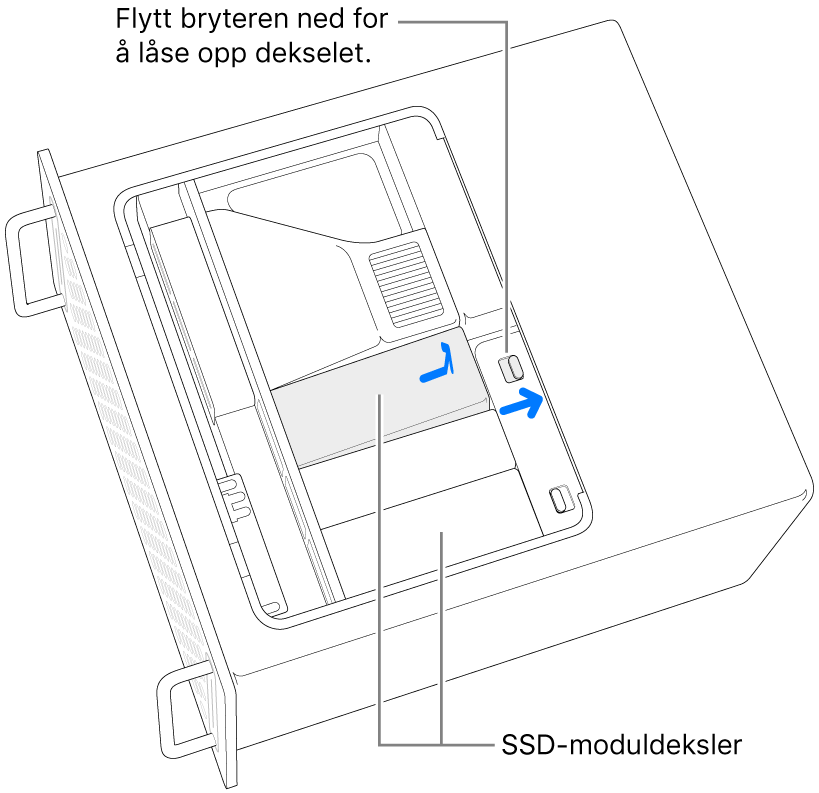 Bryteren flyttes mot høyre for å låse opp SSD-dekselet.