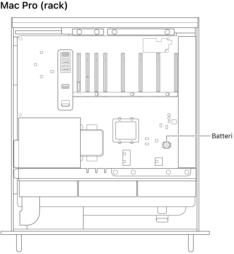 En åpen Mac Pro sett fra siden som viser hvor knappecellebatteriet er plassert.