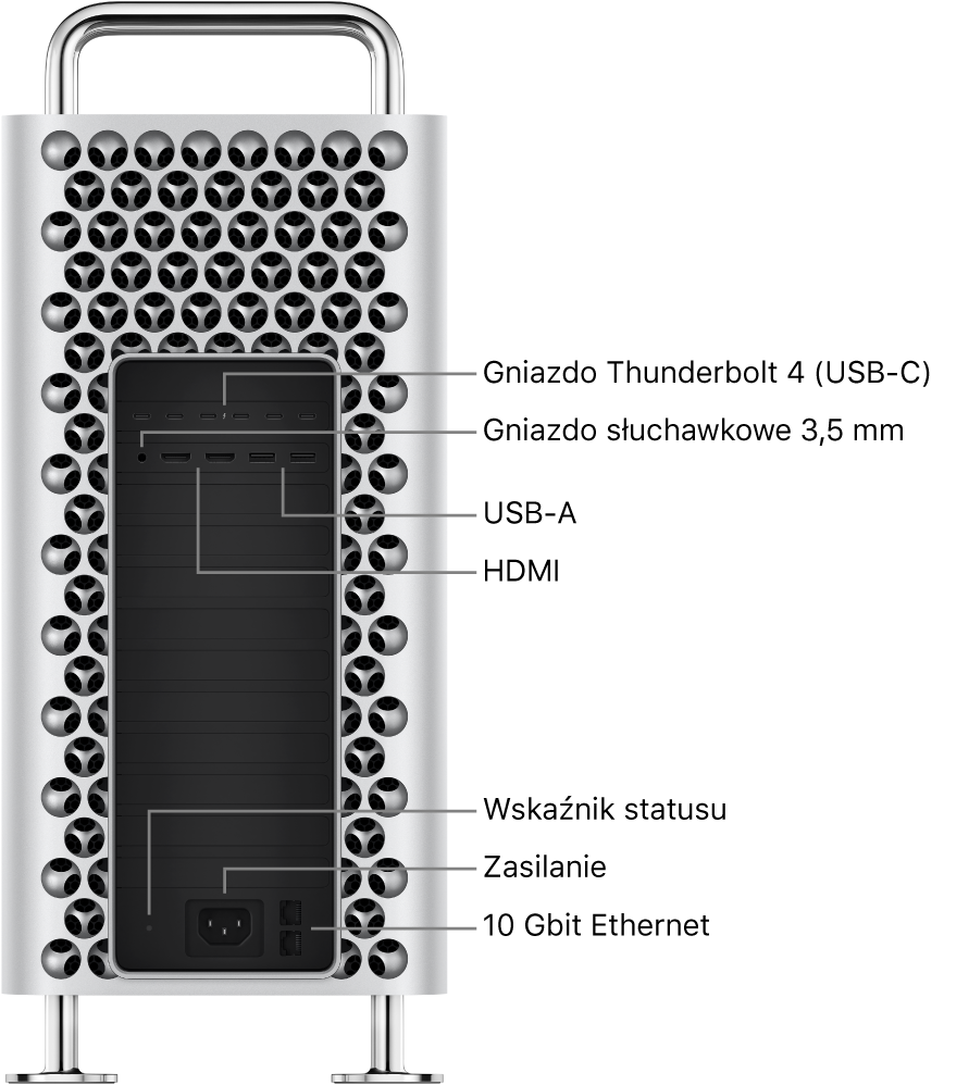 Widok z boku Maca Pro, na którym widać sześć gniazd Thunderbolt 4 (USB-C), gniazdo słuchawkowe 3,5 mm, dwa gniazda USB-A, dwa gniazda HDMI, lampkę wskaźnika statusu, gniazdo zasilania i dwa gniazda Ethernet 10 Gbit.
