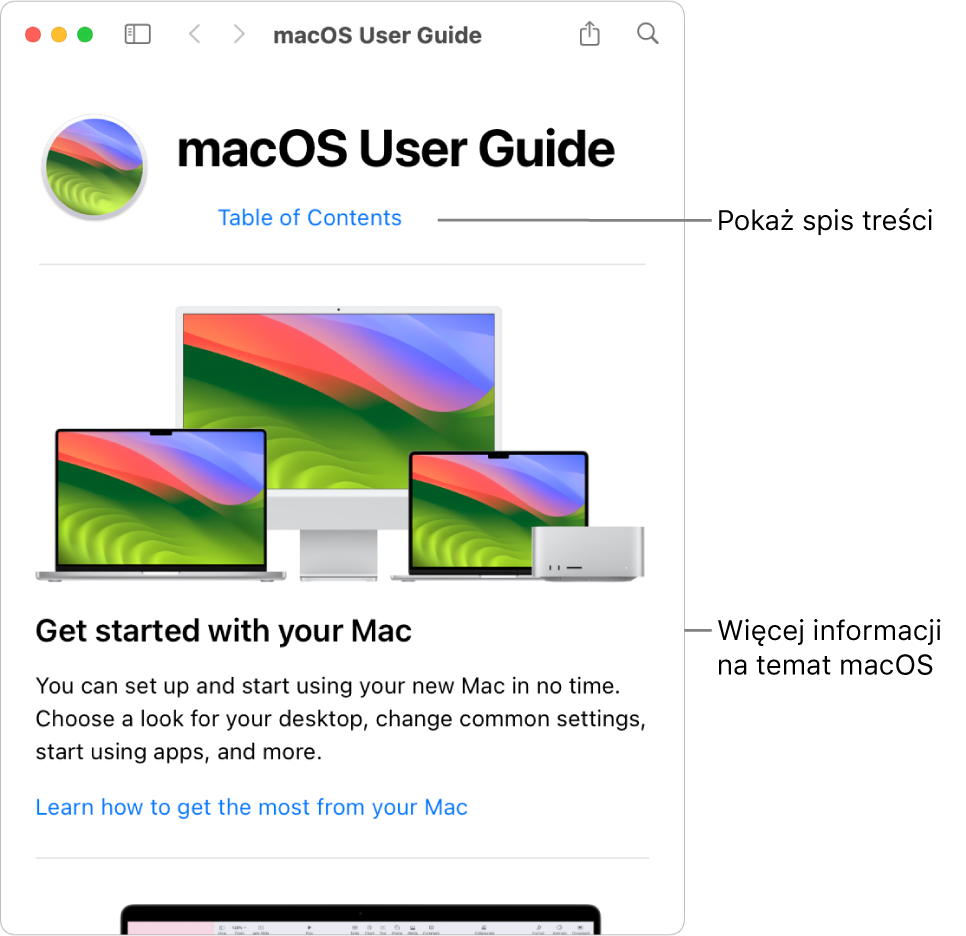 Strona powitalna Podręcznika użytkownika macOS oraz łącze do Spisu treści.