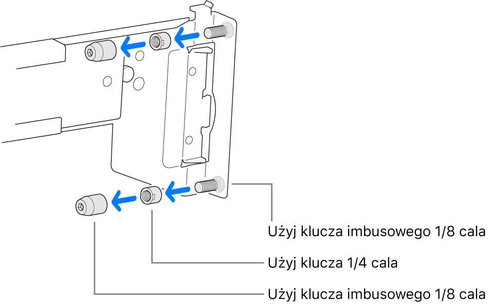 Szyny montażowe pasujące do szafy serwerowej z otworami gwintowanymi.