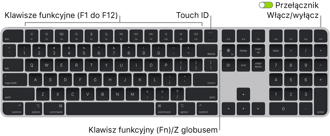 Klawiatura Magic Keyboard z Touch ID oraz klawiaturą numeryczną. Na górze znajduje się rząd klawiszy funkcyjnych oraz czytnik Touch ID, natomiast na prawo od klawisza Delete widoczny jest klawisz funkcji (Fn)/klawisz globu.