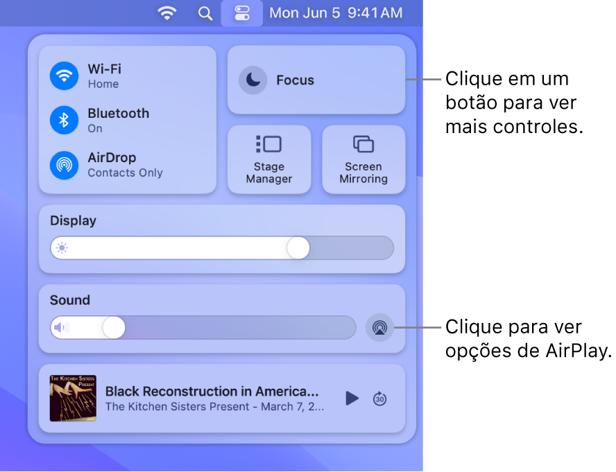 Visualização ampliada da Central de Controle no Mac.
