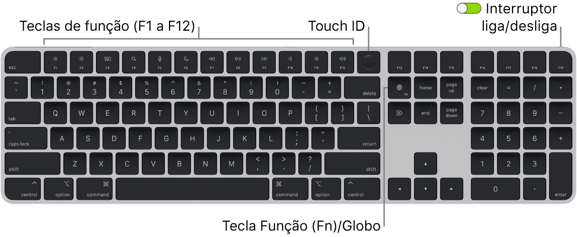O Magic Keyboard com Touch ID e Teclado Numérico mostrando a linha de teclas de função e o Touch ID ao longo da parte superior e a tecla Função (Fn)/Globo à direita da tecla Delete.
