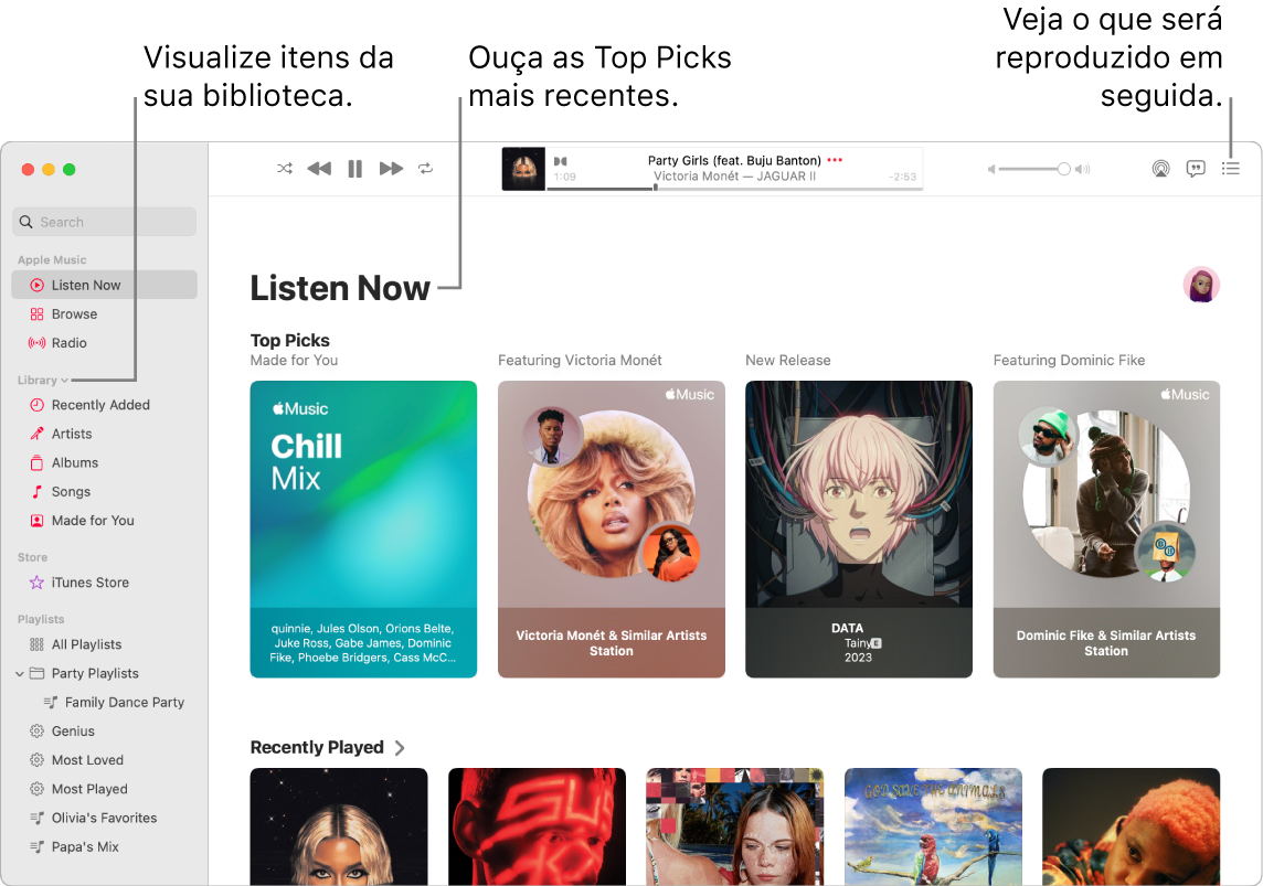 Uma janela do app Música mostrando como visualizar a biblioteca, ouvir o Apple Music e ver o que vai tocar a seguir.