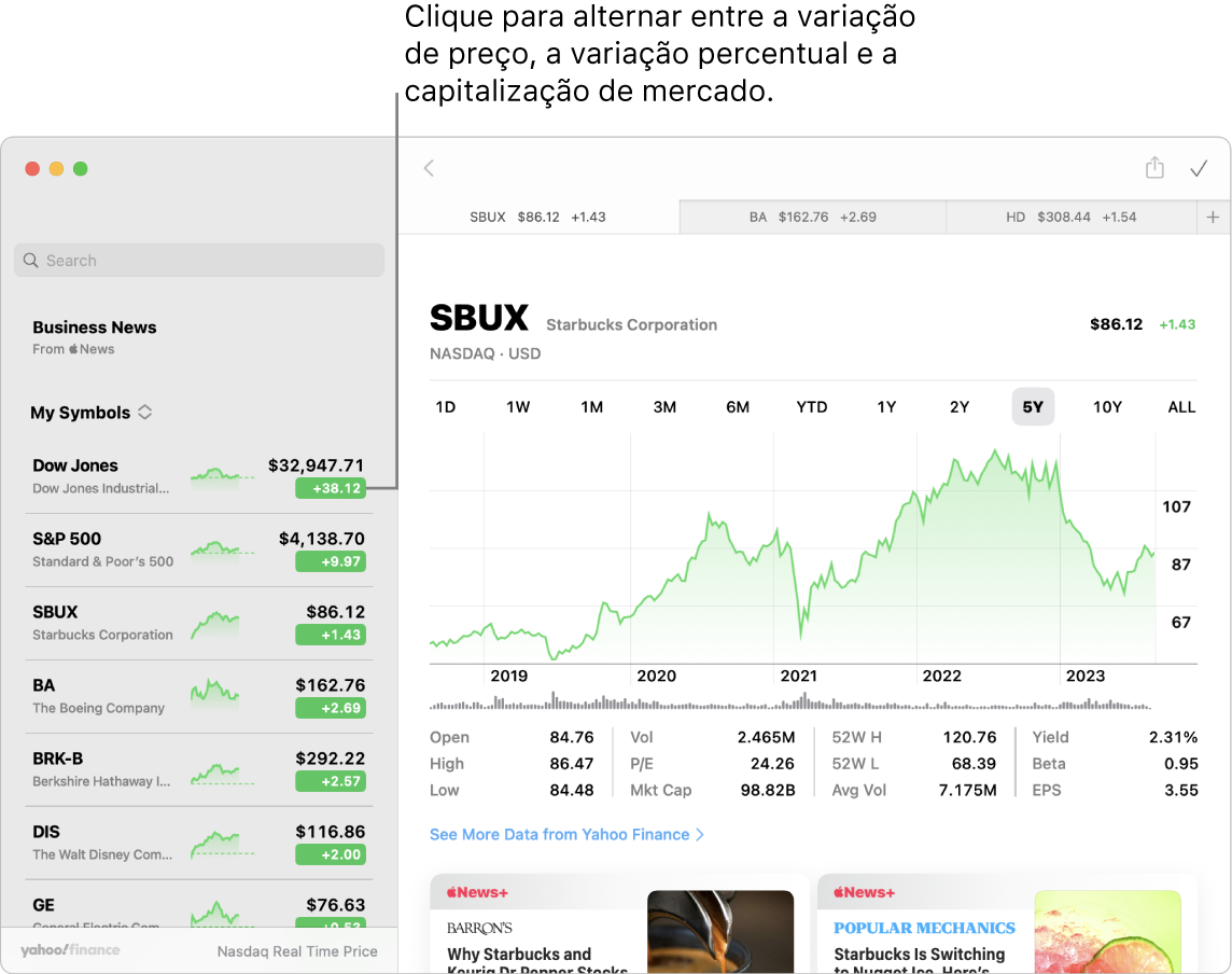 Um ecrã da aplicação Bolsa a mostrar informação e artigos sobre a ação selecionada, com a chamada “Clique para alternar entre a variação de preço, percentagem de cotação e capitalização de mercado”.