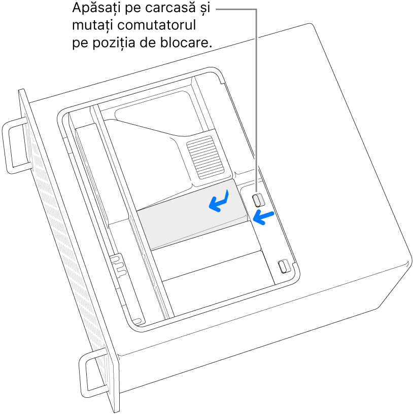 Reinstalarea capacelor de la SSD prin mutarea comutatorului de blocare spre stânga și apăsarea pe capacul de la SSD.