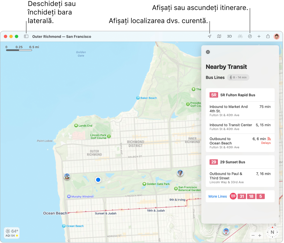 O fereastră Hărți afișând modul în care puteți obține un itinerar făcând clic pe o destinație din bara laterală, cum să deschideți sau să închideți bara laterală și cum să găsiți localizarea dvs. curentă pe hartă.