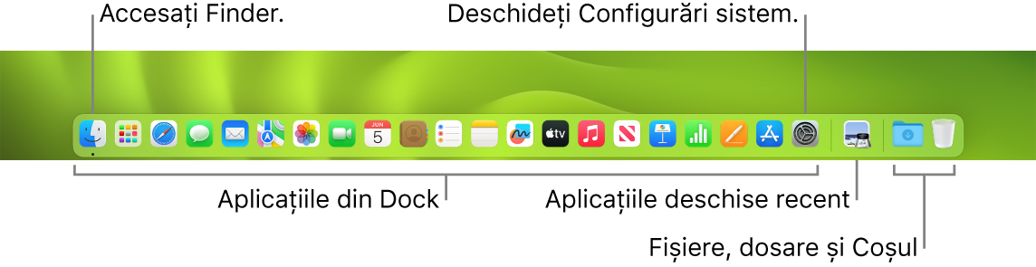 Dock-ul, afișând Finder, Configurări sistem și linia din Dock care separă aplicațiile de fișiere și dosare.